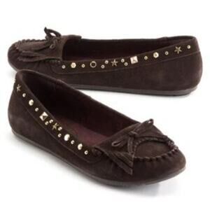 LEI Y2K Fallon Leather Moccasin Slippers Shoes Fringe Studded Boho SlipOn Size 8